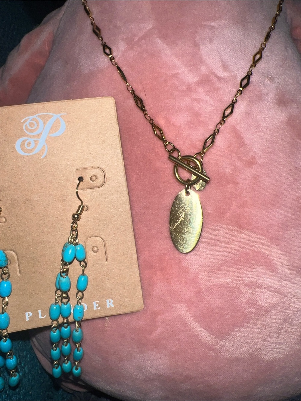 Plunder Gold-Tone Oval Pendant Necklace with Turquoise Bead Earrings